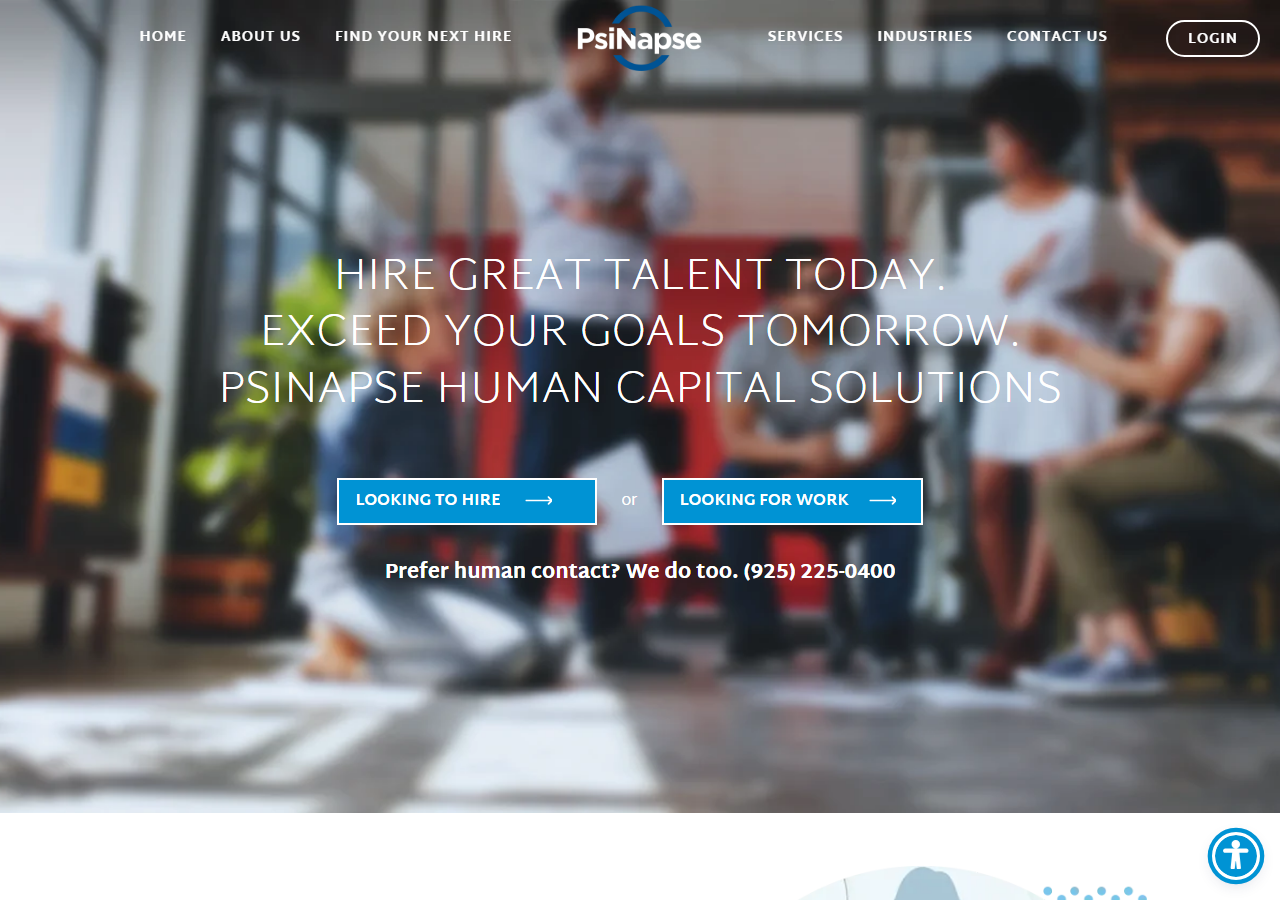PsiNapse Technology homepage screenshot, a certified minority- and woman-owned IT and technical staffing firm headquartered in Pleasanton, California