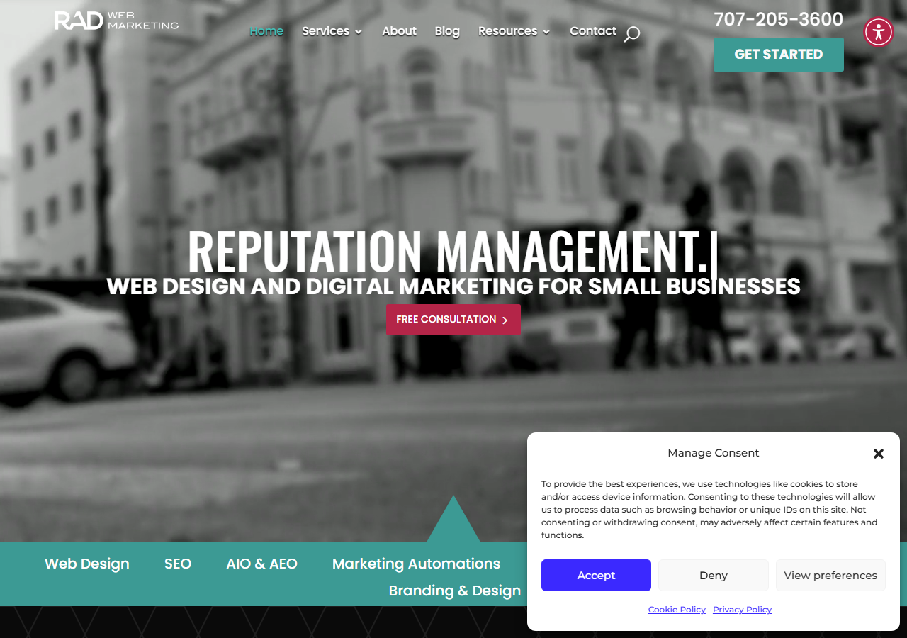 RAD Web Marketing homepage screenshot, an on-page, technical and AI-search SEO agency based in Petaluma, California