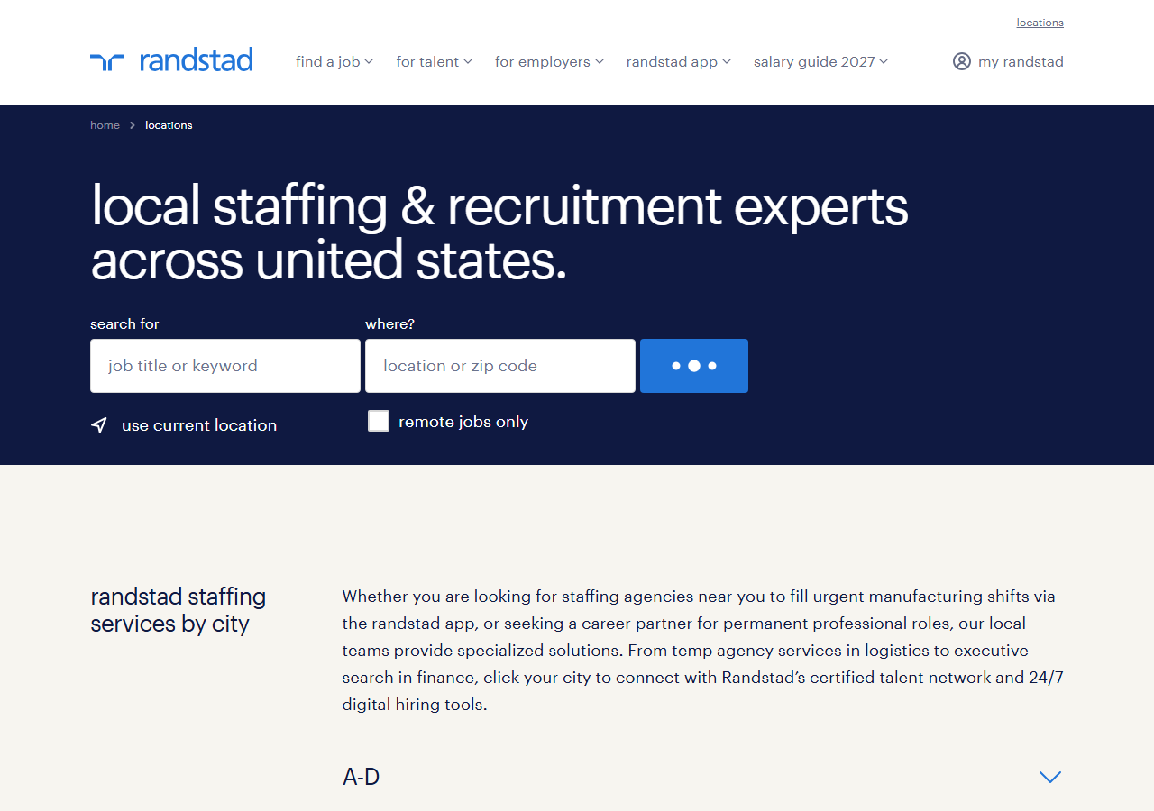 Randstad locations page screenshot showing staffing and recruitment offices across the United States, including the Sugar Land, Texas branch