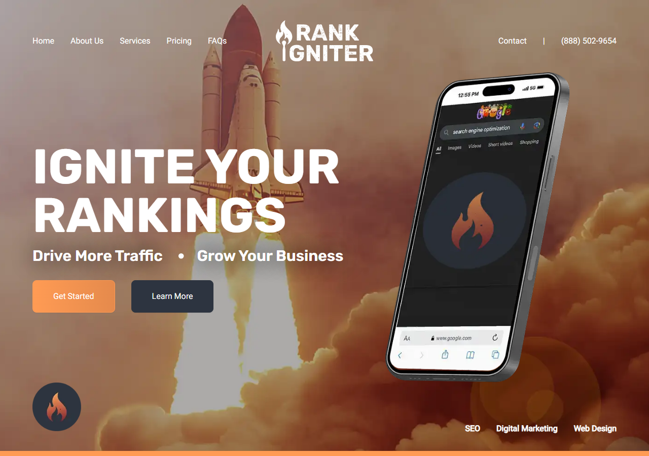 Rank Igniter homepage screenshot, an SEO, digital marketing and web design agency based in Beaverton, Oregon