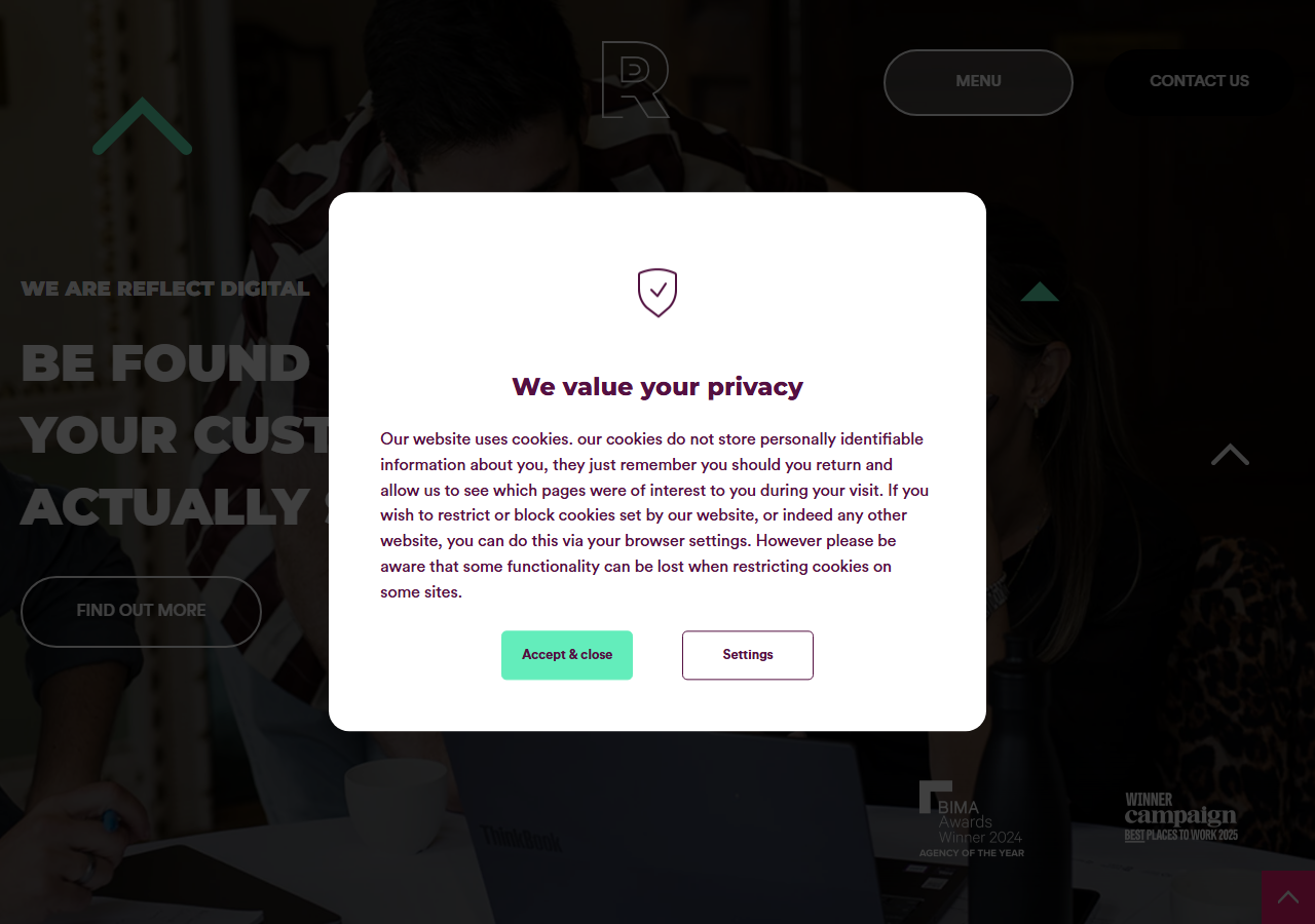 Reflect Digital homepage screenshot, a performance marketing agency headquartered at Kestrel House in Maidstone