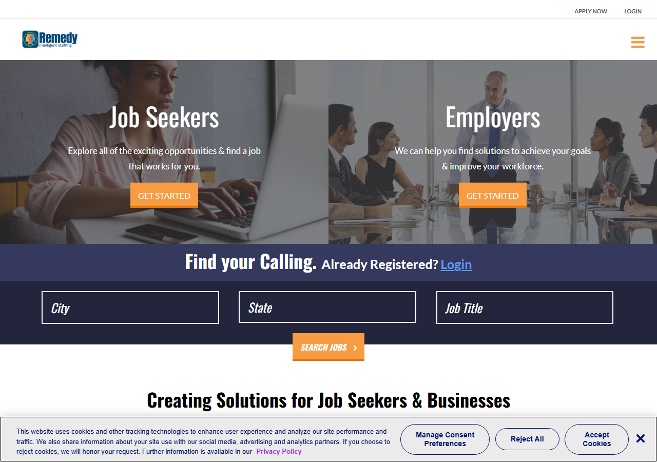 Remedy Intelligent Staffing homepage screenshot, an EmployBridge franchise brand with a Corpus Christi, Texas office