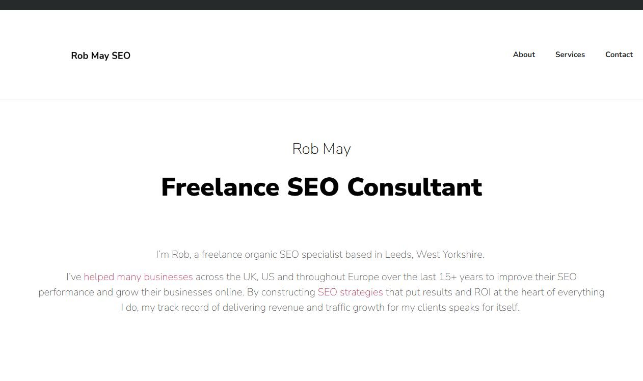 Rob May SEO homepage for a freelance SEO consultant in Leeds, West Yorkshire