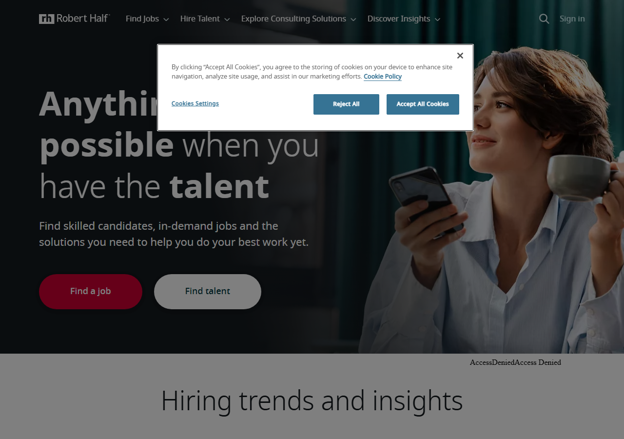 Robert Half homepage screenshot, a global accounting and finance staffing firm with a branch office in the Petaluma Marina Business Center