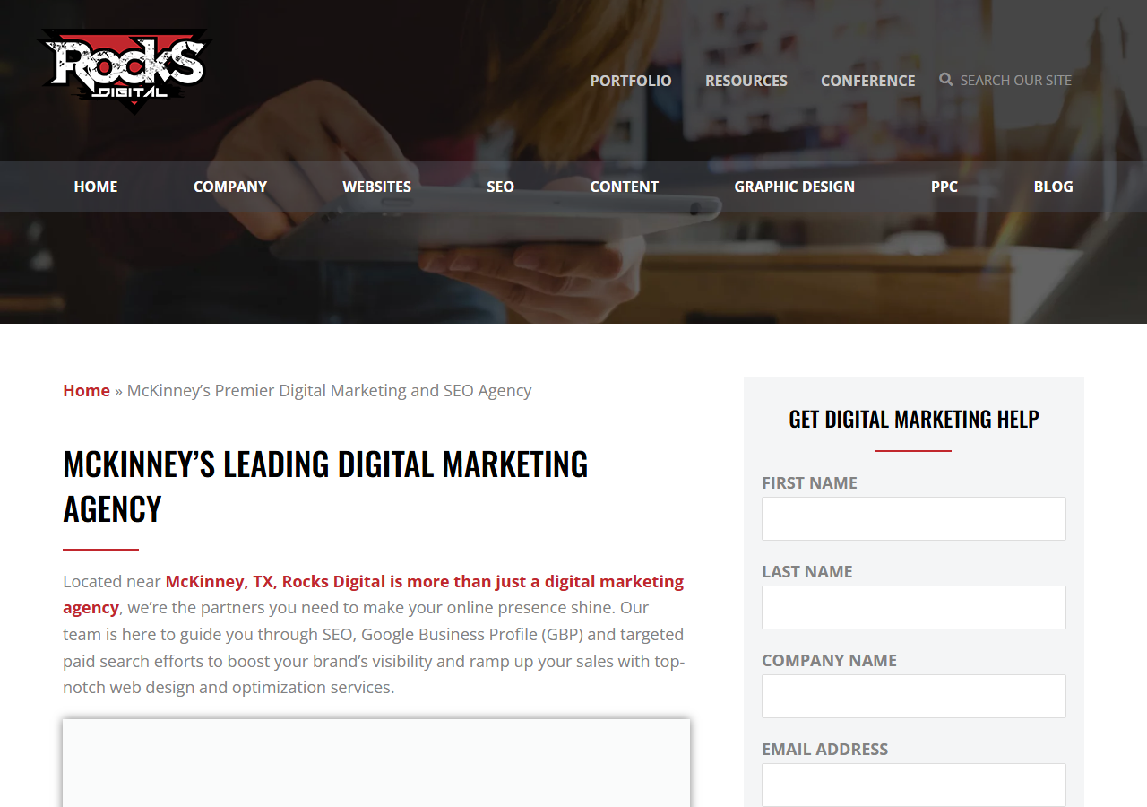 Rocks Digital homepage screenshot, a full-service digital marketing and SEO agency headquartered in McKinney, Texas