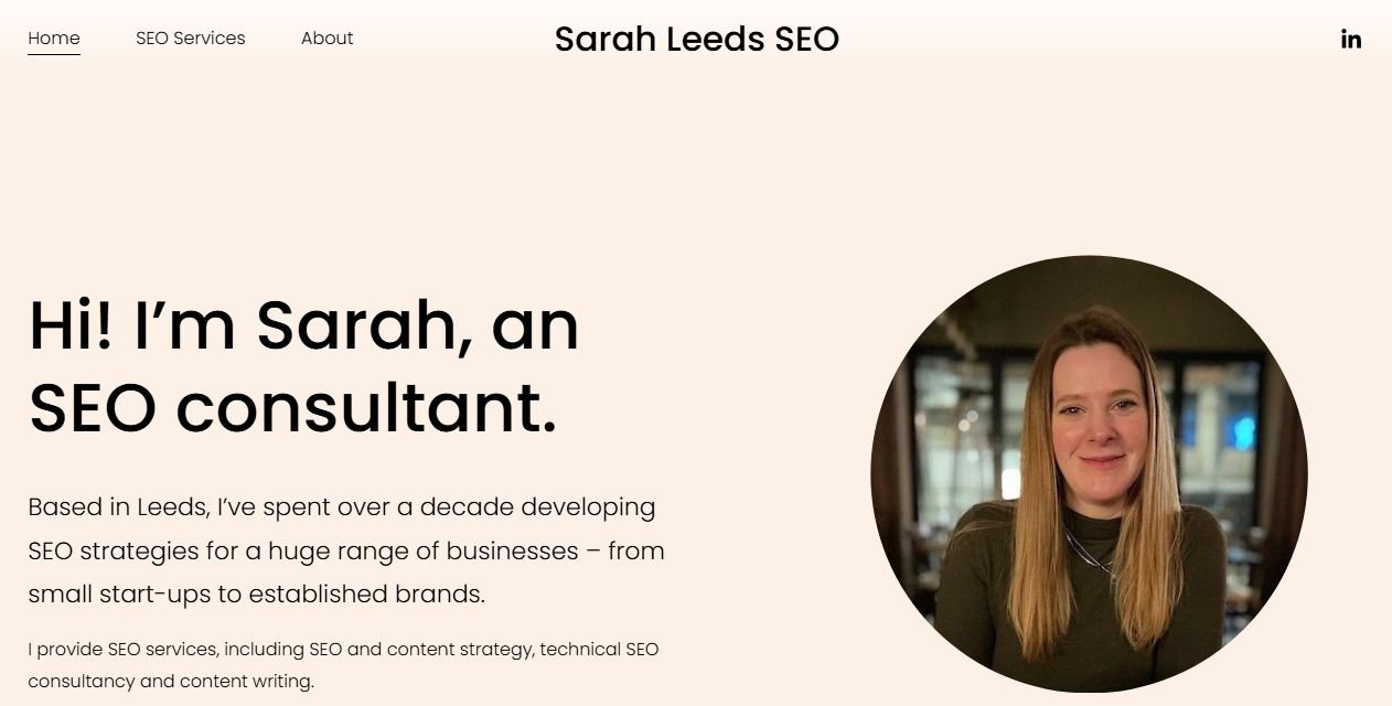 Sarah Leeds SEO homepage showing a freelance SEO consultant based in Leeds