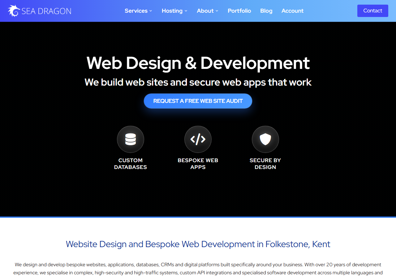 Sea Dragon Web Design homepage screenshot, a bespoke web development studio based in Folkestone offering SEO as a secondary service