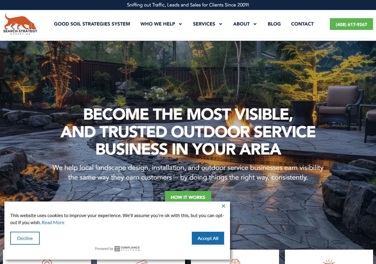 Search Strategy Marketing homepage screenshot, an SEO and content marketing agency headquartered in Gilroy, California