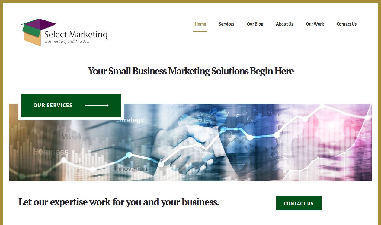 Screenshot of the Select Marketing homepage, a family-run marketing agency at 12926 Youngfield Dr in Cypress, Texas