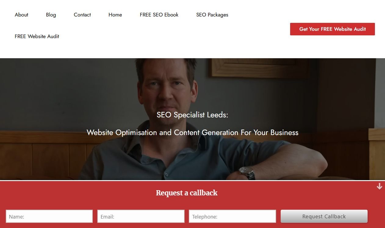 SEO Specialist Leeds homepage offering a free website audit and a callback request form