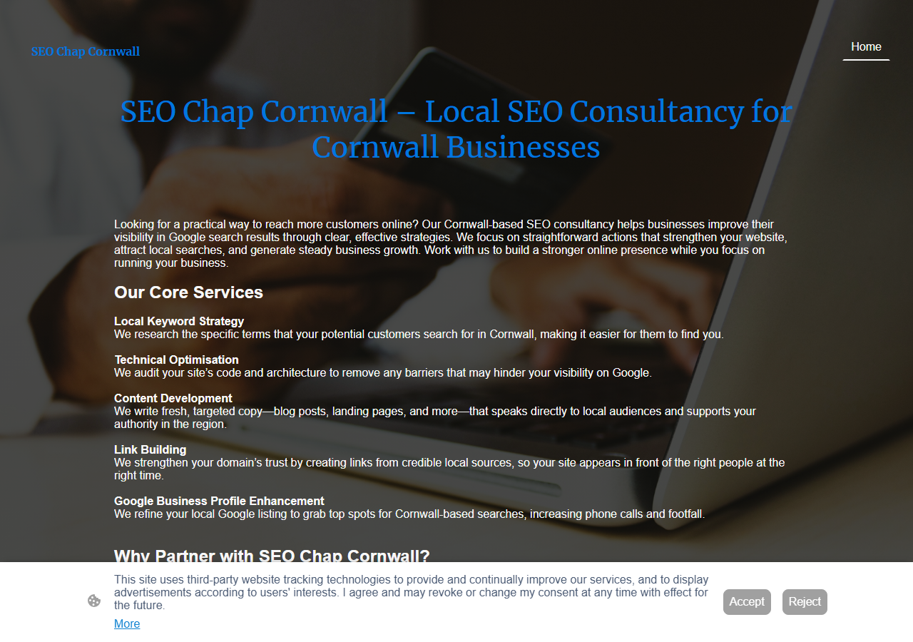 SEO Chaps homepage screenshot, a local SEO consultancy based in Truro, Cornwall