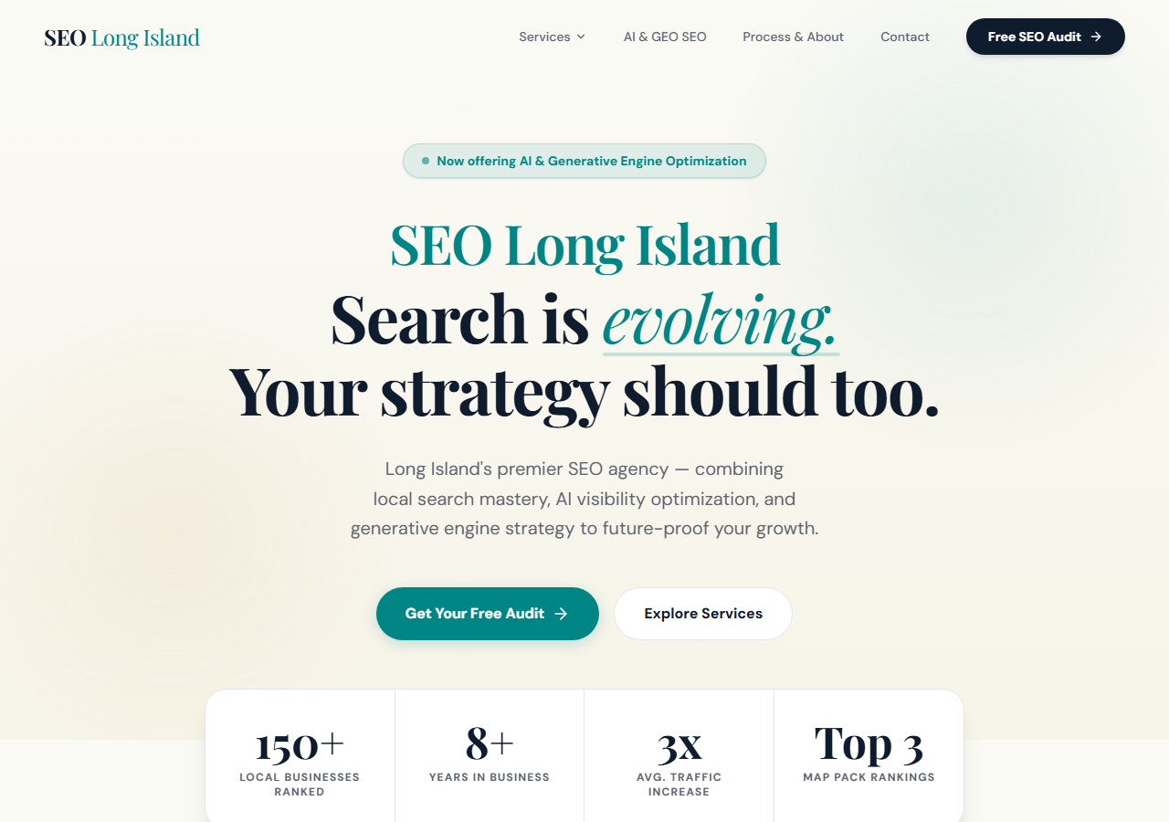 SEO Long Island homepage screenshot, a local SEO agency based in Hauppauge, New York offering AI and generative engine optimization services