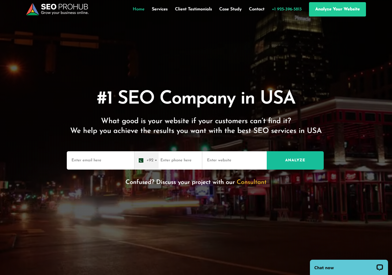SEO Pro Hub homepage screenshot, an SEO, social media and PPC agency headquartered in Pleasanton, California