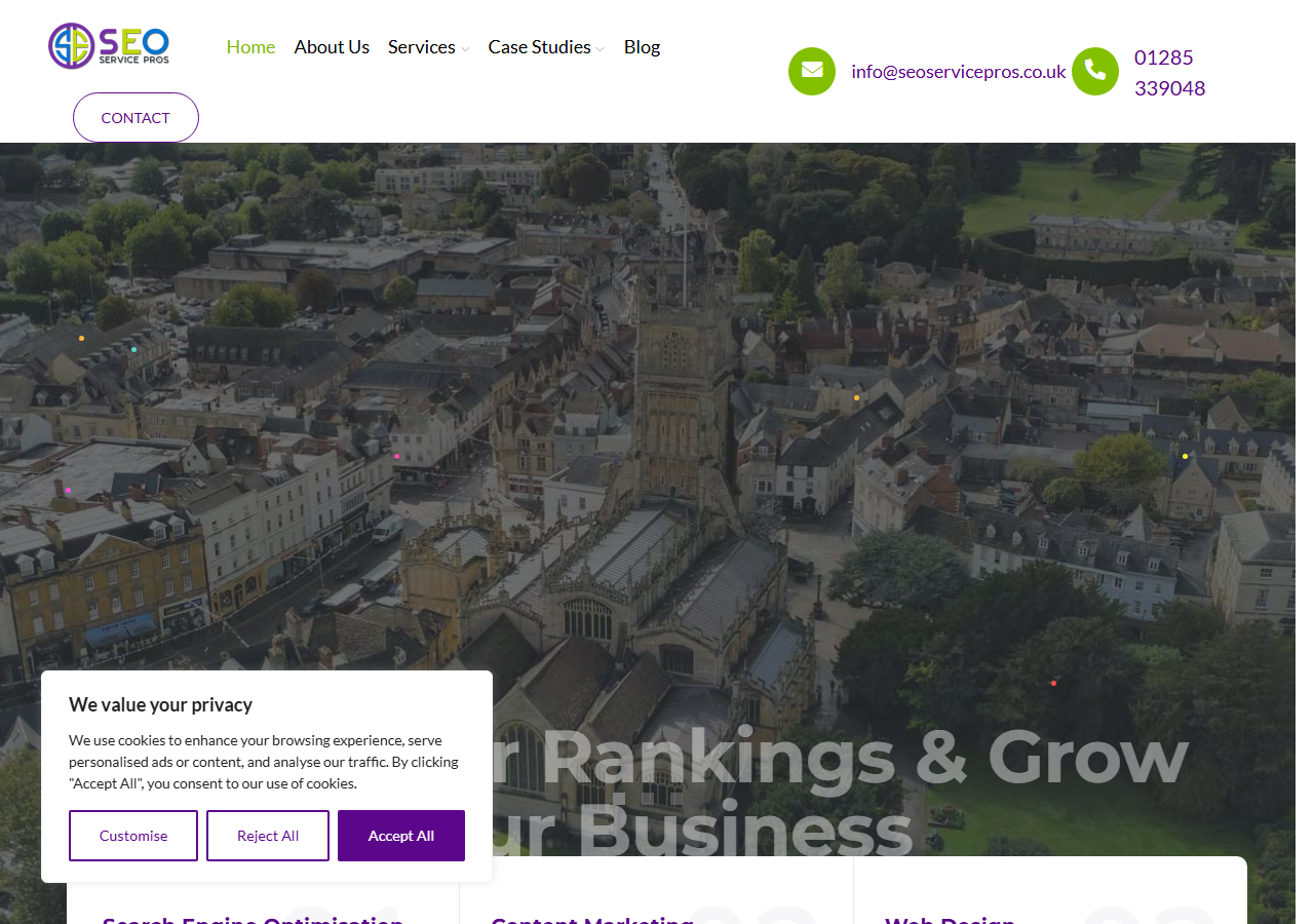 SEO Service Pros homepage screenshot, an independent SEO agency based in Cirencester