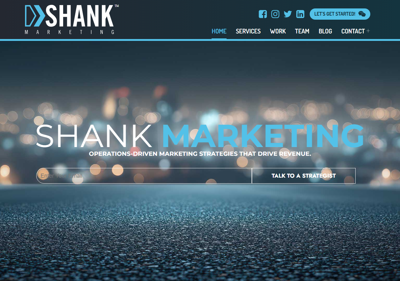 Shank Marketing homepage screenshot, an operations-driven marketing agency with email marketing services based in Bellingham, Washington
