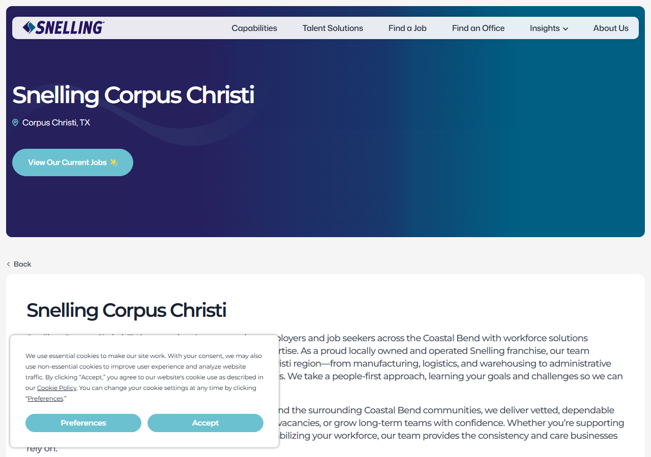 Snelling homepage screenshot for its Corpus Christi, Texas franchise office, serving the Coastal Bend region