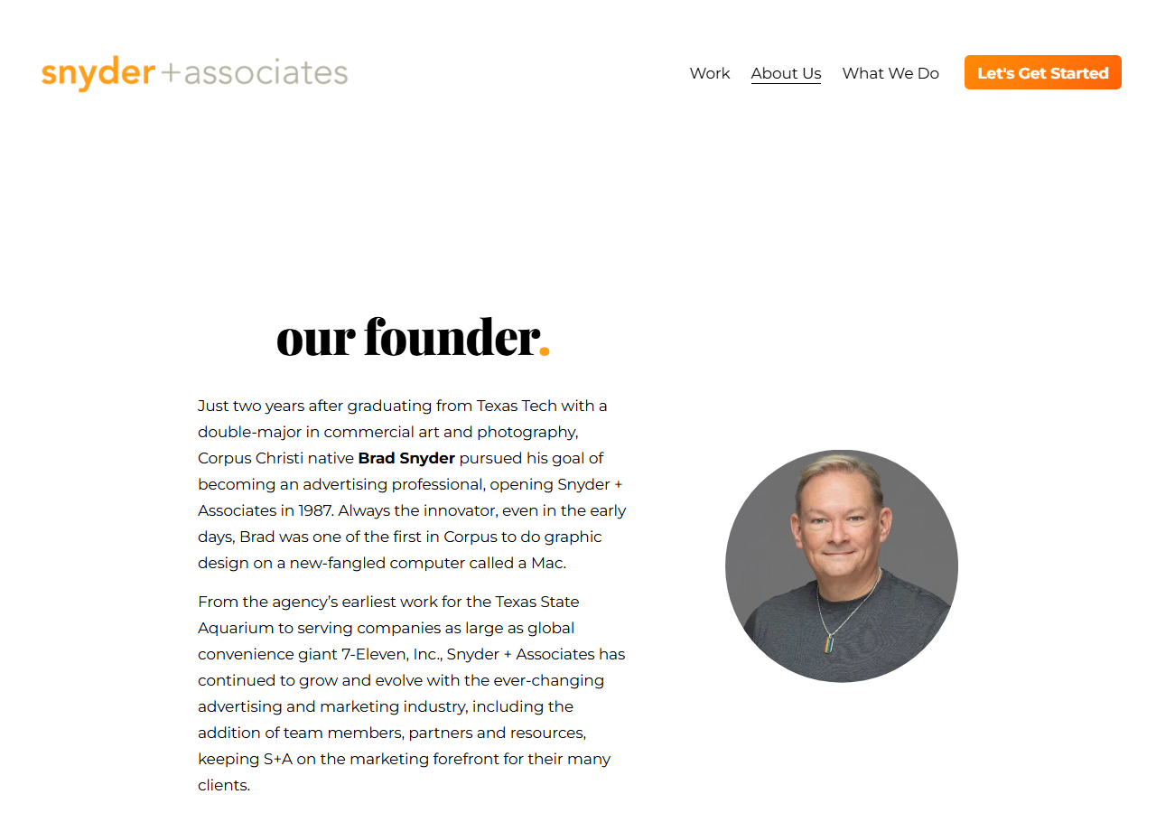 Snyder plus Associates about page screenshot, a full-service advertising agency headquartered in Corpus Christi, Texas