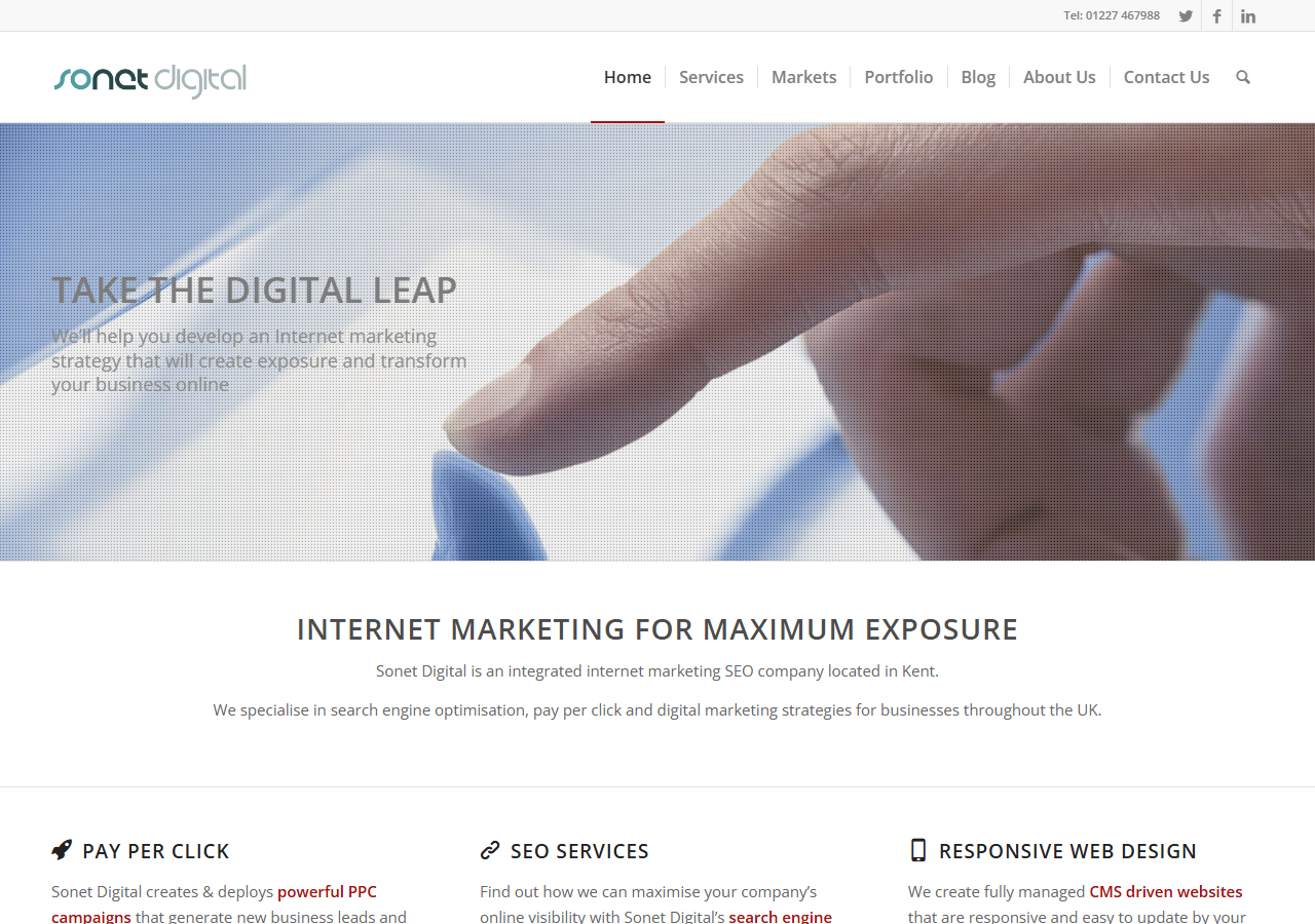 Sonet Digital homepage screenshot, an internet marketing and SEO company trading from Stour Street in Canterbury, Kent