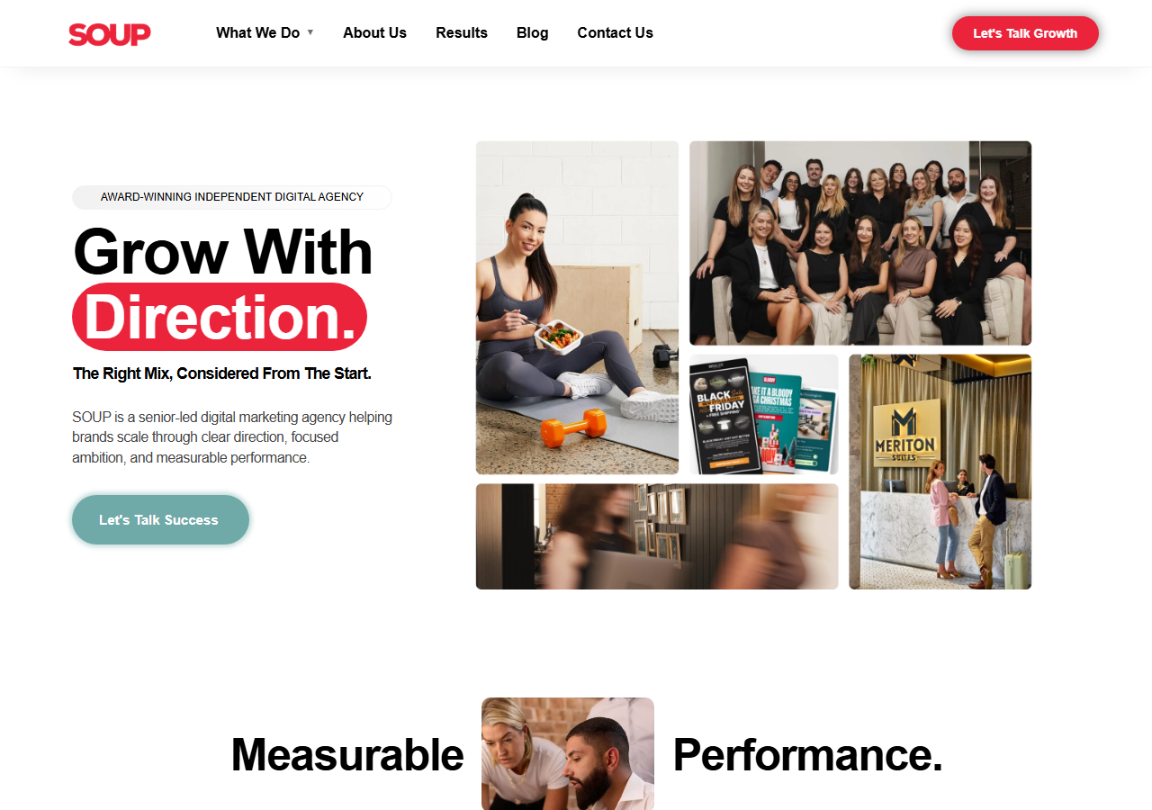 SOUP Agency homepage screenshot, an independent senior-led digital marketing agency headquartered on Clarence Street in Sydney