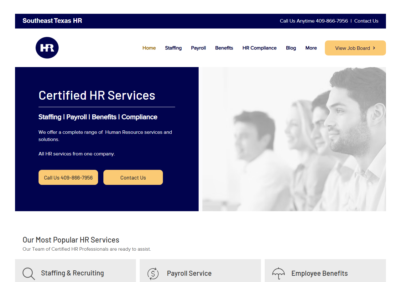 Southeast Texas HR homepage screenshot, a Beaumont-based HR services firm offering staffing, payroll, benefits and compliance