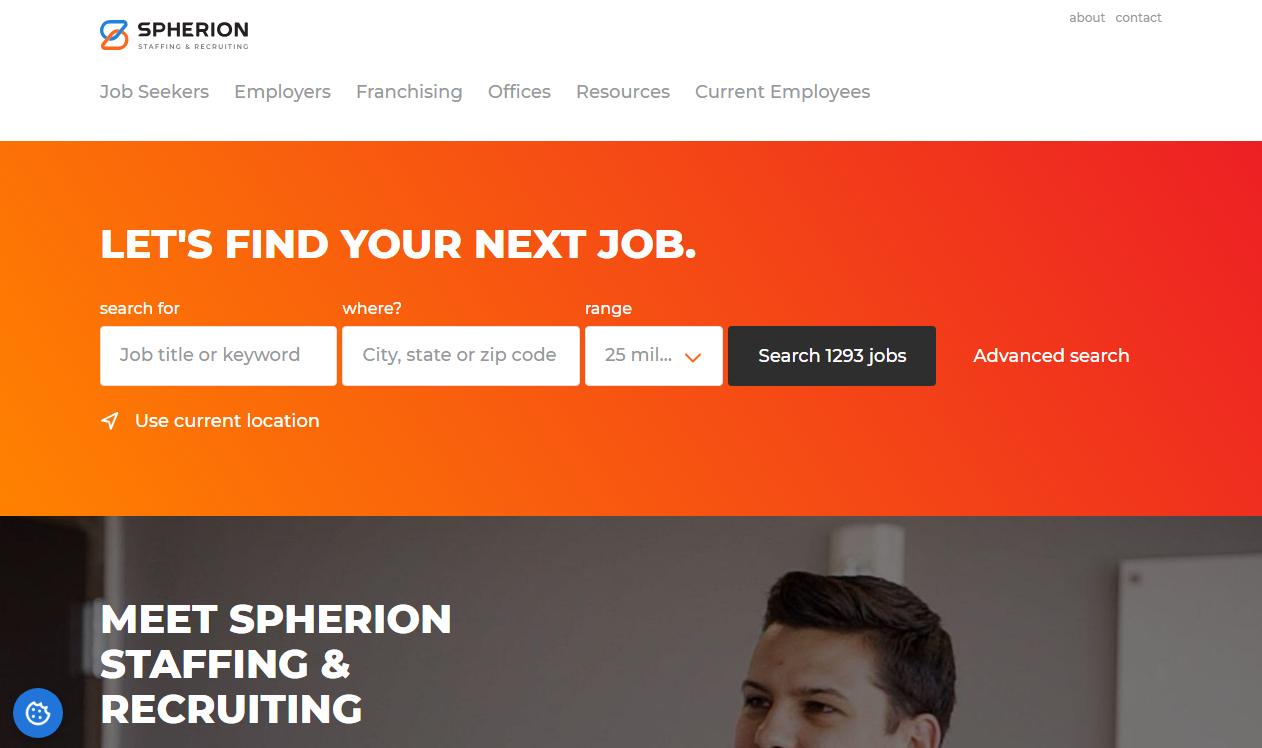 Spherion Staffing and Recruiting corporate homepage screenshot; the League City/Galveston County branch operates as an independently owned franchise of this national staffing brand