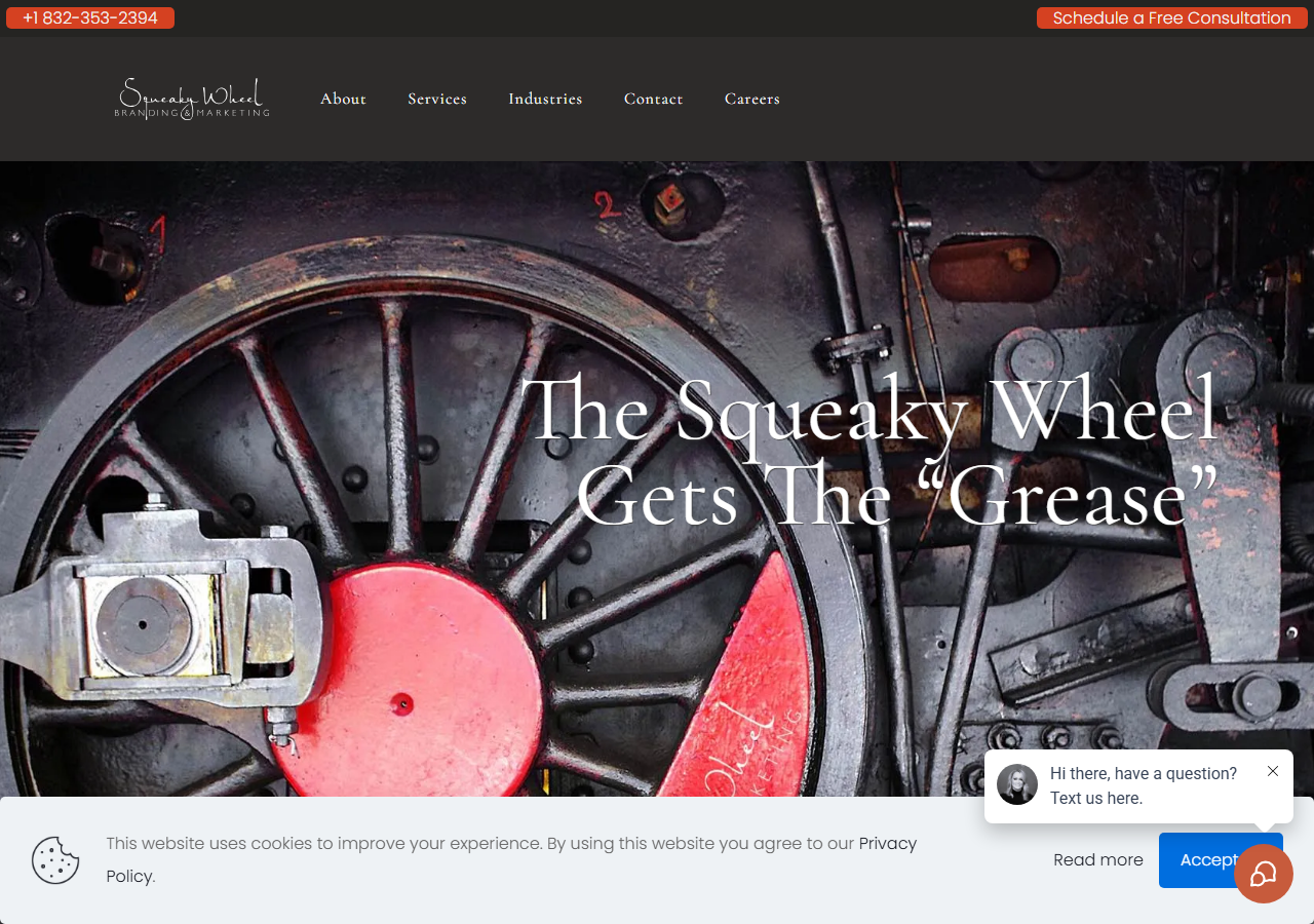 Squeaky Wheel Branding and Marketing homepage screenshot, a branding, web design and organic SEO agency registered in Sugar Land, Texas
