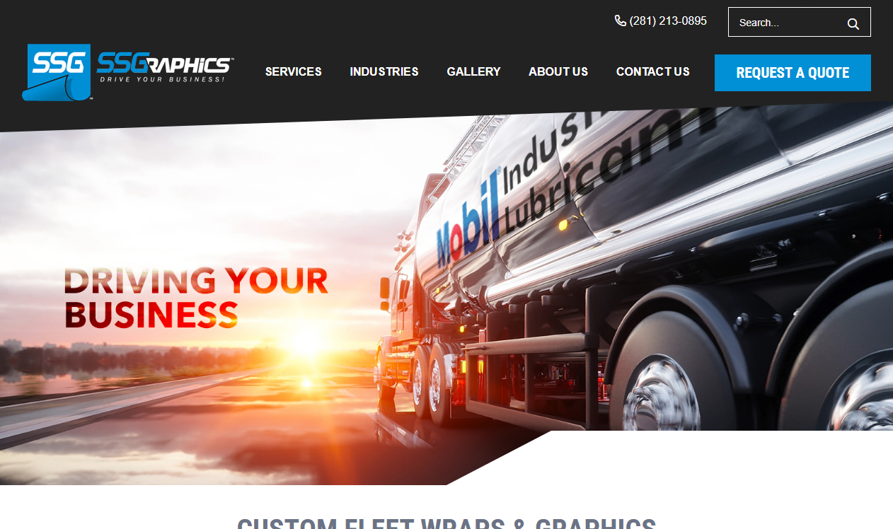 SS Graphics LLC homepage screenshot showing the company's navigation menu and Request a Quote button, a family-run fleet wrap and signage shop in Cypress, Texas