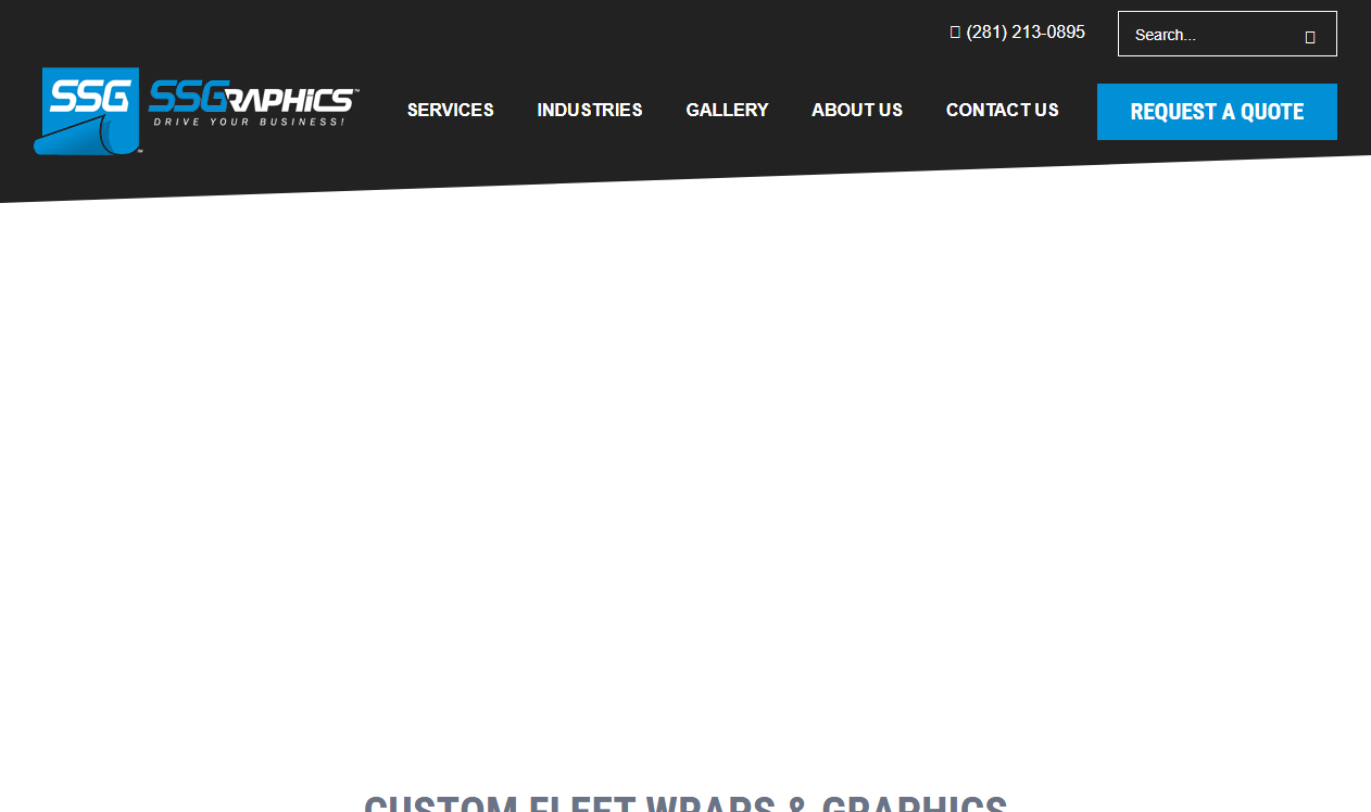 SS Graphics LLC homepage screenshot showing the company's navigation menu and Request a Quote button, a family-run fleet wrap and signage shop in Cypress, Texas