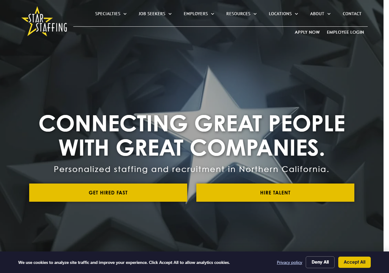 Star Staffing homepage screenshot, a women-owned staffing and recruiting agency headquartered in Petaluma, California since 1998