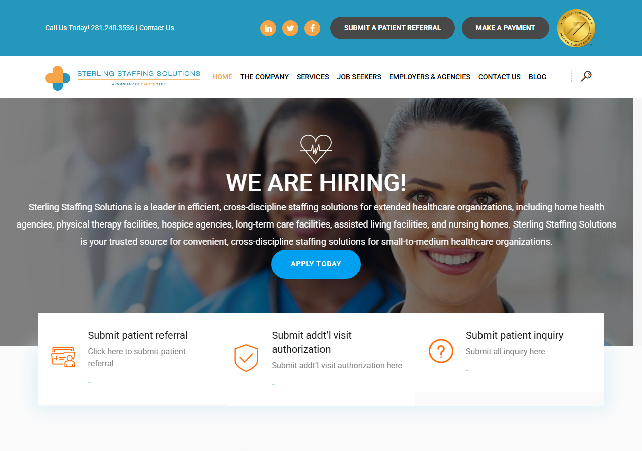 Sterling Staffing Solutions homepage screenshot, a Sugar Land, Texas healthcare and medical staffing agency placing PT, OT, speech therapy, nursing and CNA roles