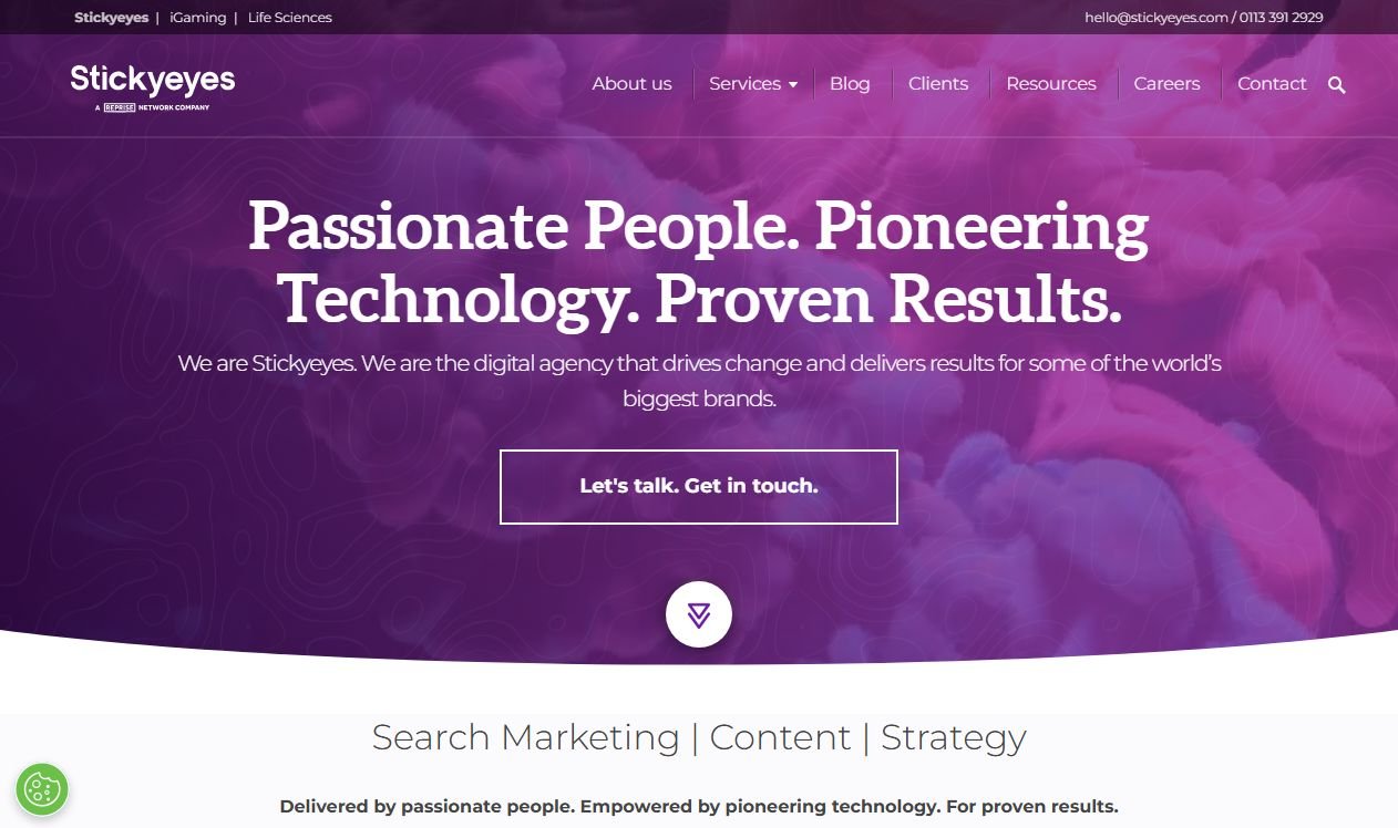 Stickyeyes agency homepage with the tagline Search Marketing, Content, Strategy