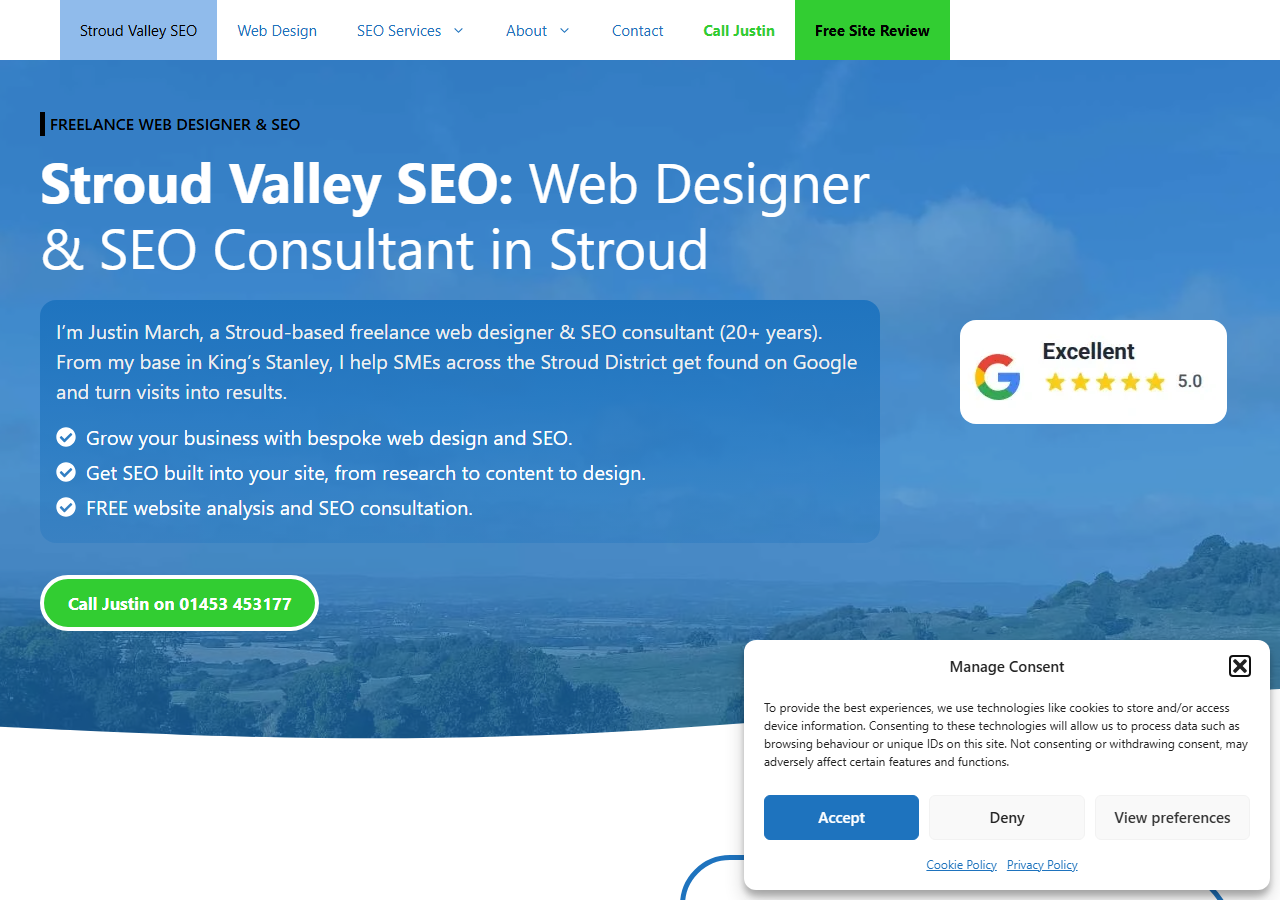 Stroud Valley SEO homepage screenshot, an independent local SEO consultancy based in King's Stanley near Stroud, Gloucestershire