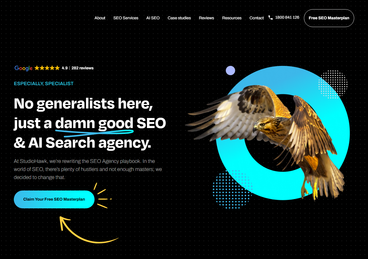 StudioHawk homepage screenshot, an SEO-only agency with a staffed South Eveleigh office in Sydney, headquartered in Melbourne