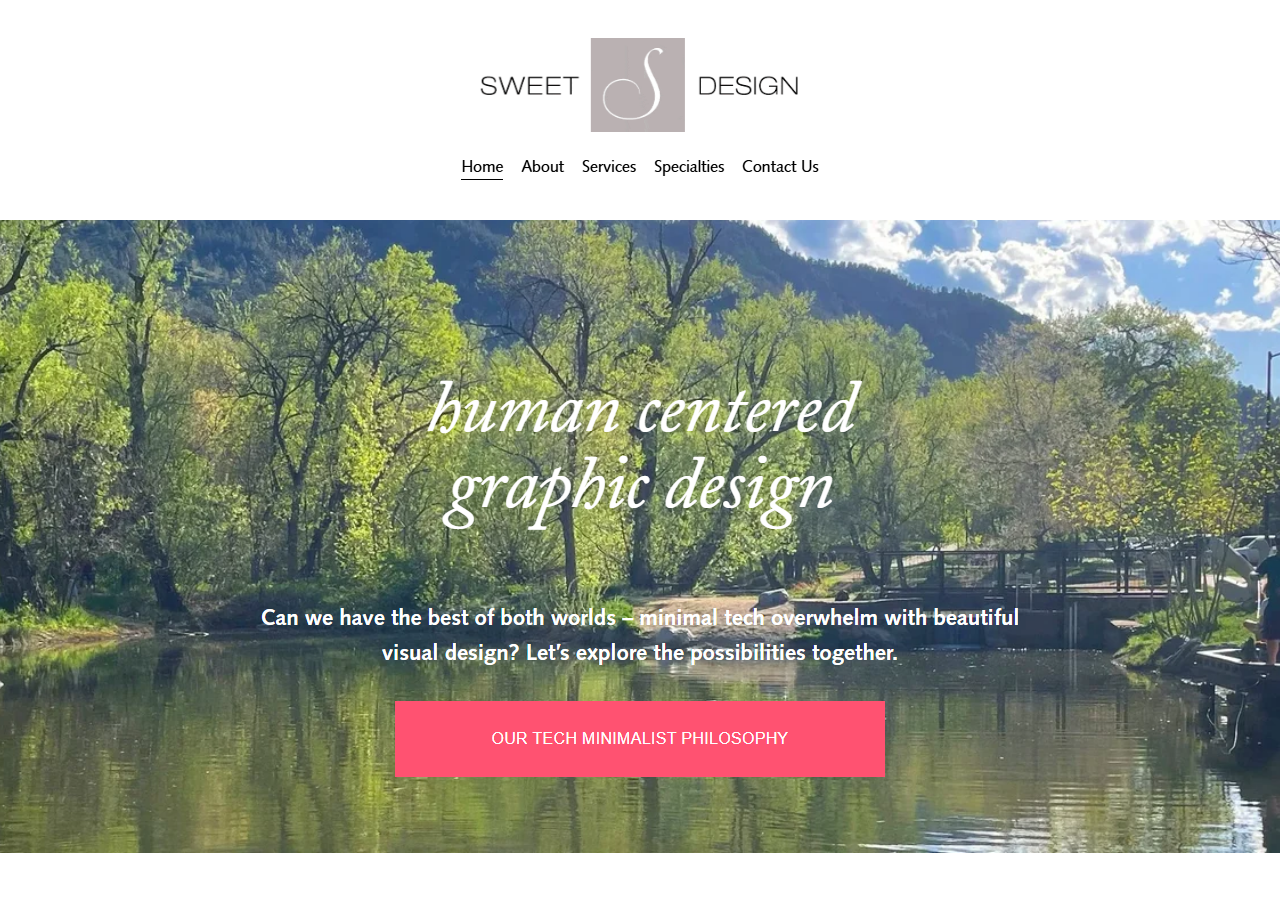 Sweet Design homepage screenshot, a Boulder, Colorado graphic design studio offering identity, print, web, and packaging for small businesses