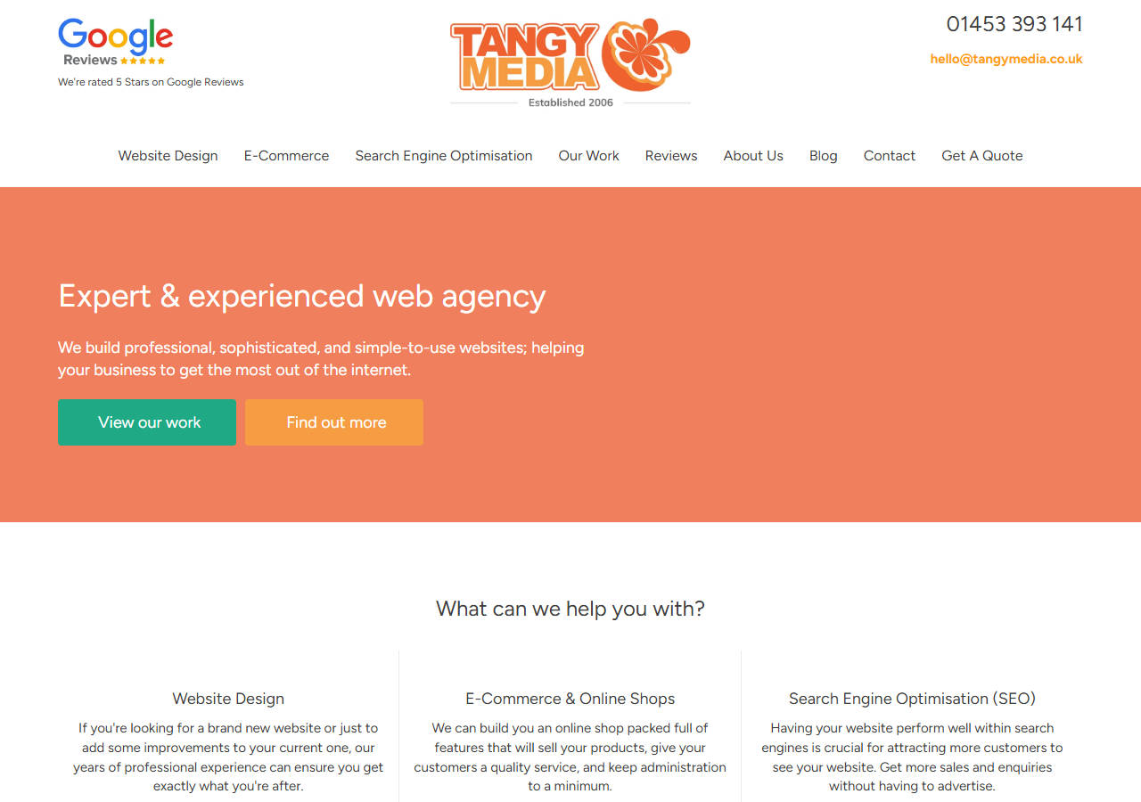 Tangy Media homepage screenshot, a web design and SEO agency with an office on Old Bristol Road in Nailsworth, Gloucestershire