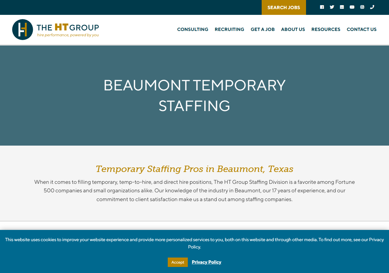 The HT Group homepage screenshot, an Austin-based staffing firm with a Beaumont, Texas office built on the acquired American Personnel and Temps