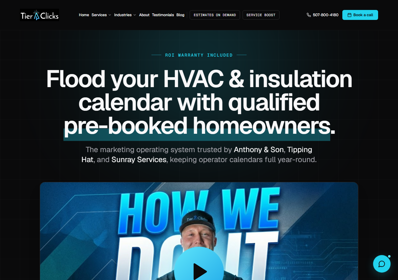 Tier 1 Clicks homepage screenshot, an SEO and PPC agency for HVAC and insulation contractors based in Rochester, Minnesota