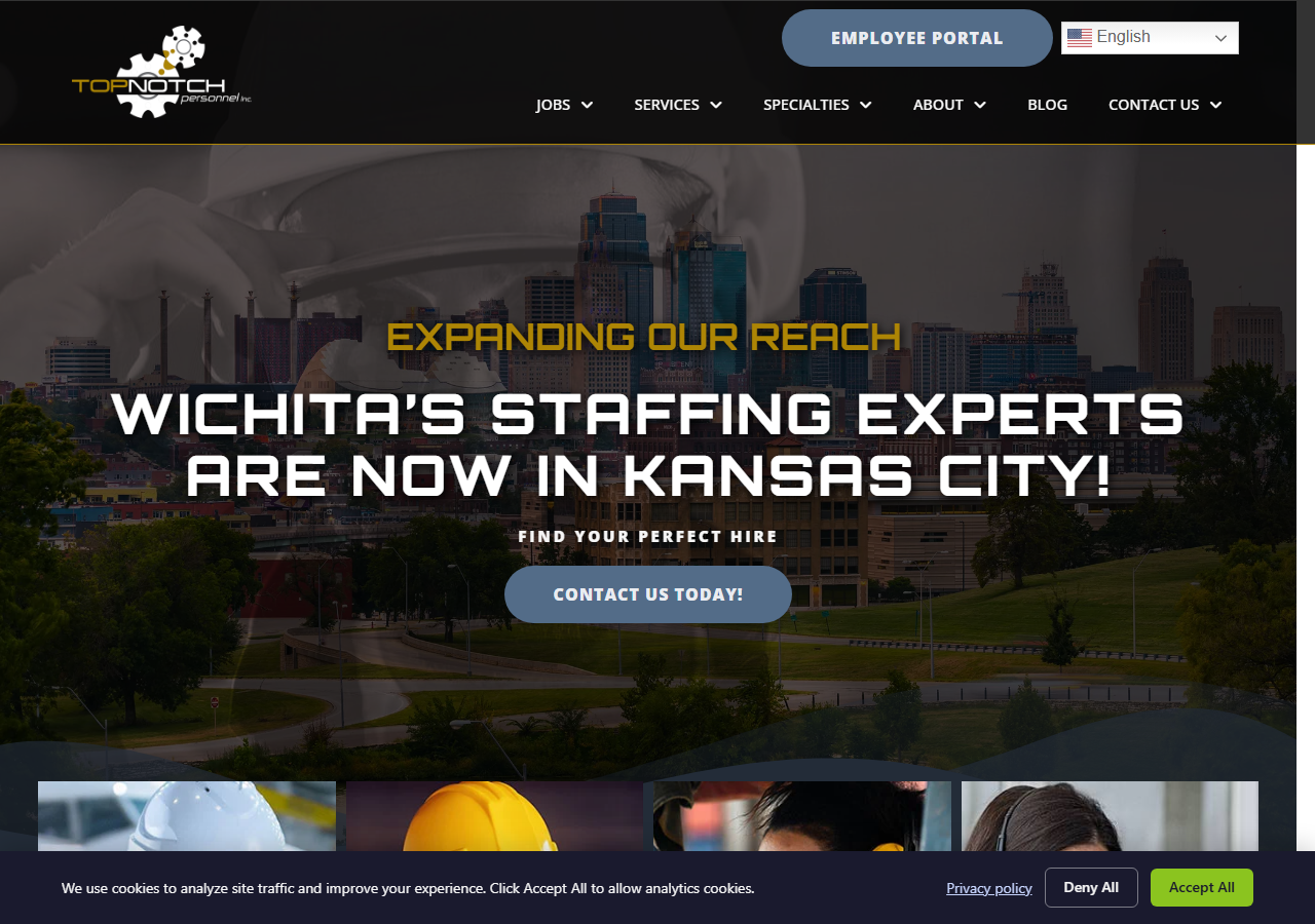 Top Notch Personnel homepage screenshot, a Wichita, Kansas staffing agency specializing in aviation and aircraft recruitment