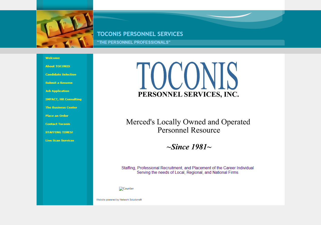 Toconis Personnel Services homepage screenshot, a locally owned personnel and staffing agency based in Merced, California
