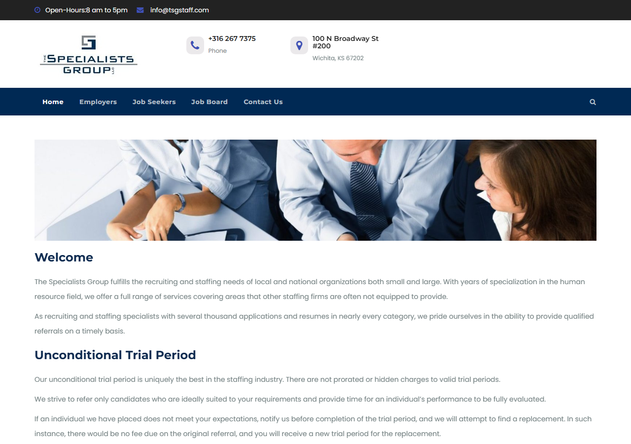 The Specialists Group homepage screenshot, a national recruiting and staffing firm headquartered in Wichita, Kansas since 1957
