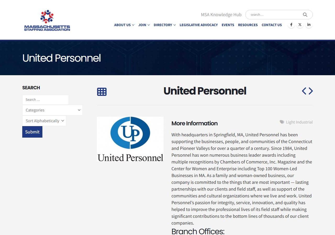 Massachusetts Staffing Association member directory listing for United Personnel, headquartered in Springfield, Massachusetts since 1984, used because unitedpersonnel.com did not respond during verification