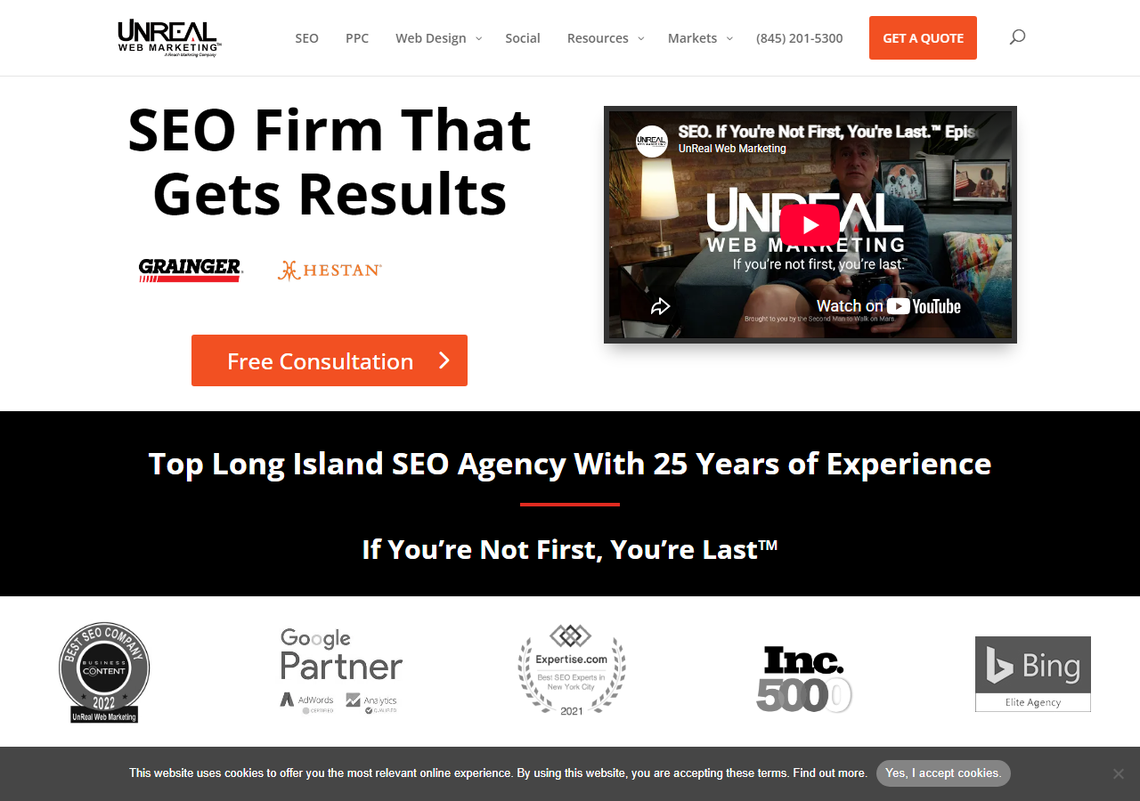 UnReal Web Marketing homepage screenshot, a Long Island SEO agency in Port Jefferson, New York operating since 1997 as a Reach Marketing company