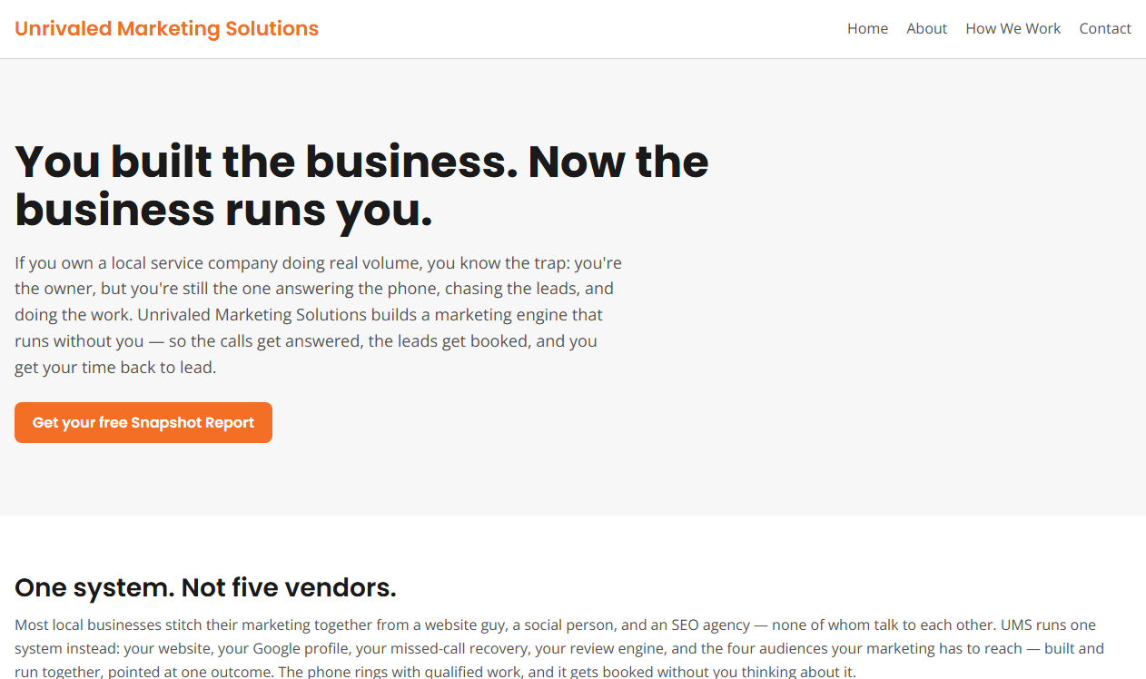 Unrivaled Marketing Solutions LLC homepage screenshot, a home-based Deer Park, Texas web design and digital marketing company founded in 2023