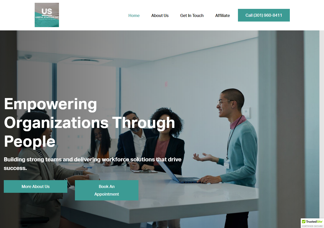 Useful Staffing homepage screenshot, a Woman-Owned Small Business staffing agency headquartered in Gaithersburg, Maryland