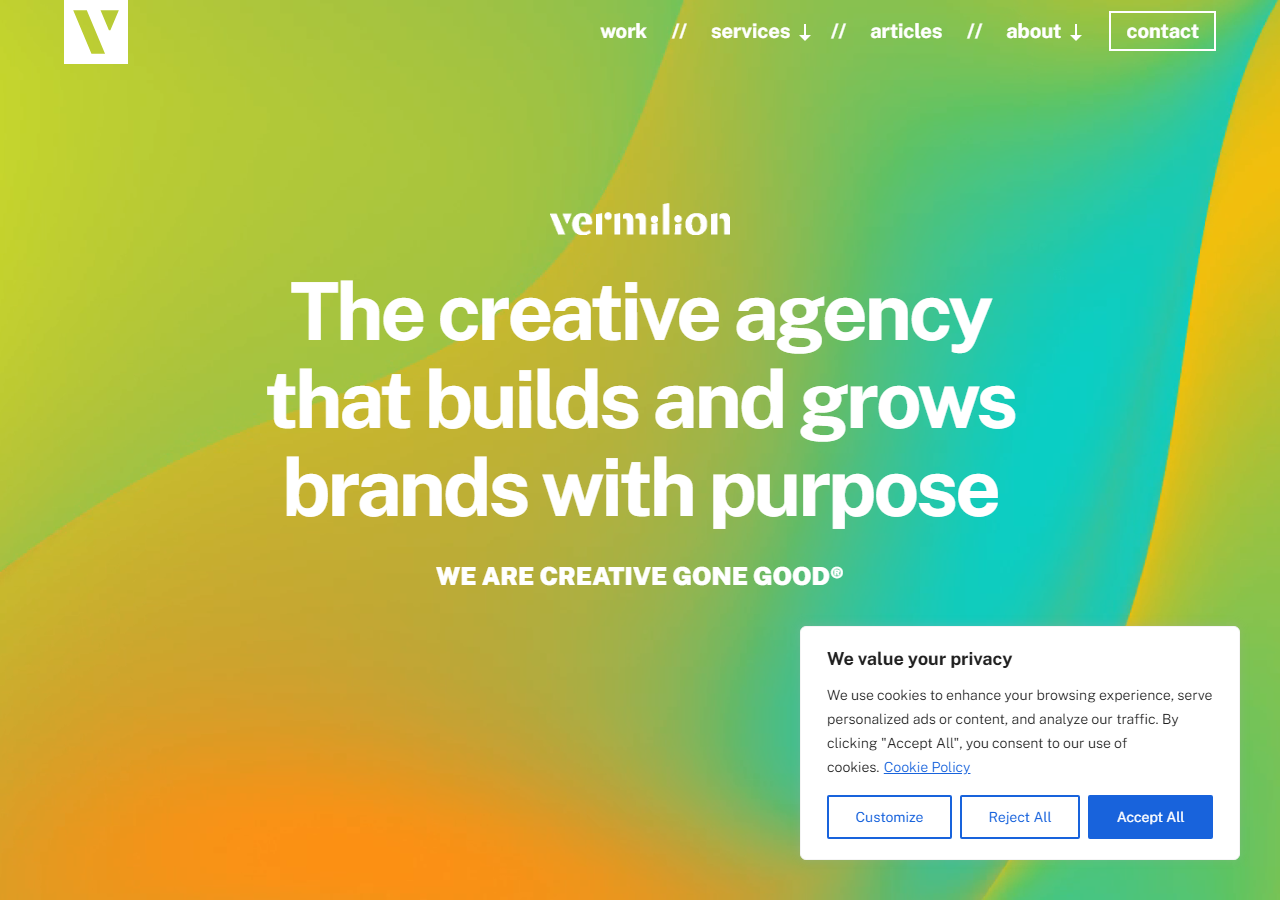 Vermilion homepage screenshot, a certified B Corp creative agency in Boulder, Colorado specializing in outdoor, wellbeing, and consumer packaged goods branding