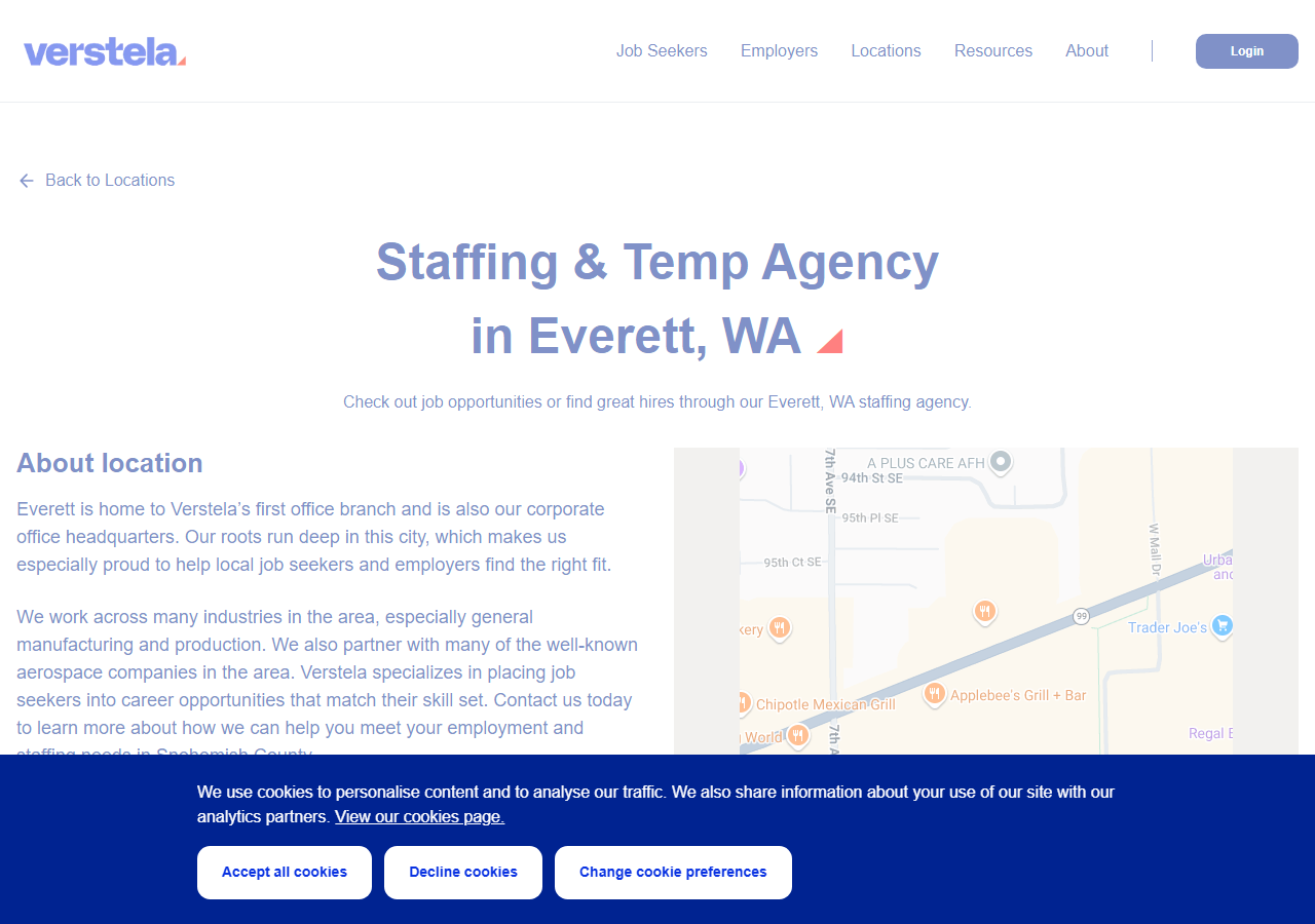 Verstela homepage screenshot, a staffing agency headquartered in Everett, Washington and formerly known as TERRA Staffing Group