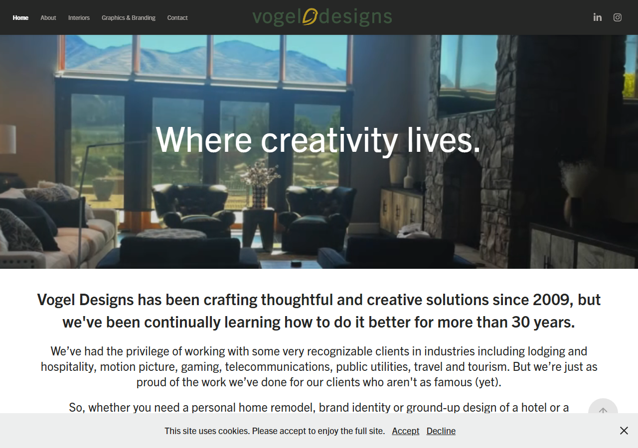 Vogel Designs homepage screenshot, a boutique Reno interiors and graphics studio at 235 Wildrose Drive founded by Derek Vogel