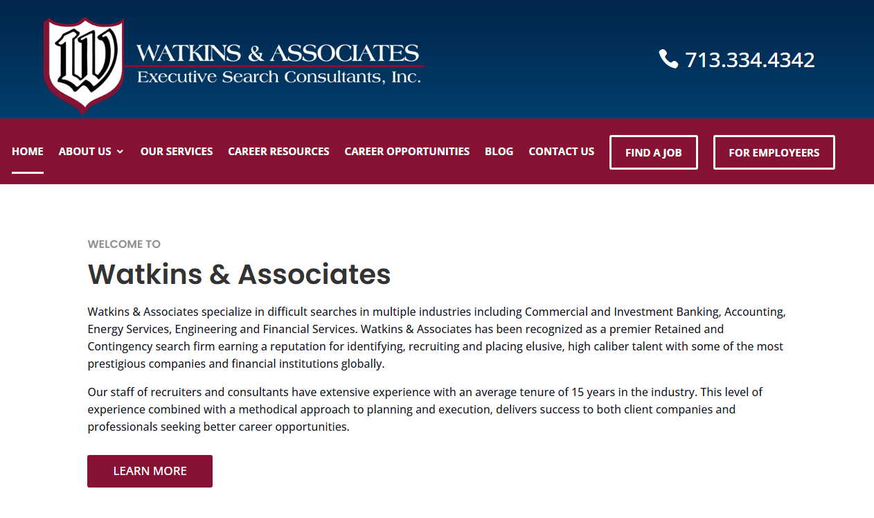 Watkins and Associates Executive Search Consultants homepage screenshot, a boutique banking and oil and gas executive search firm based in Cypress, TX