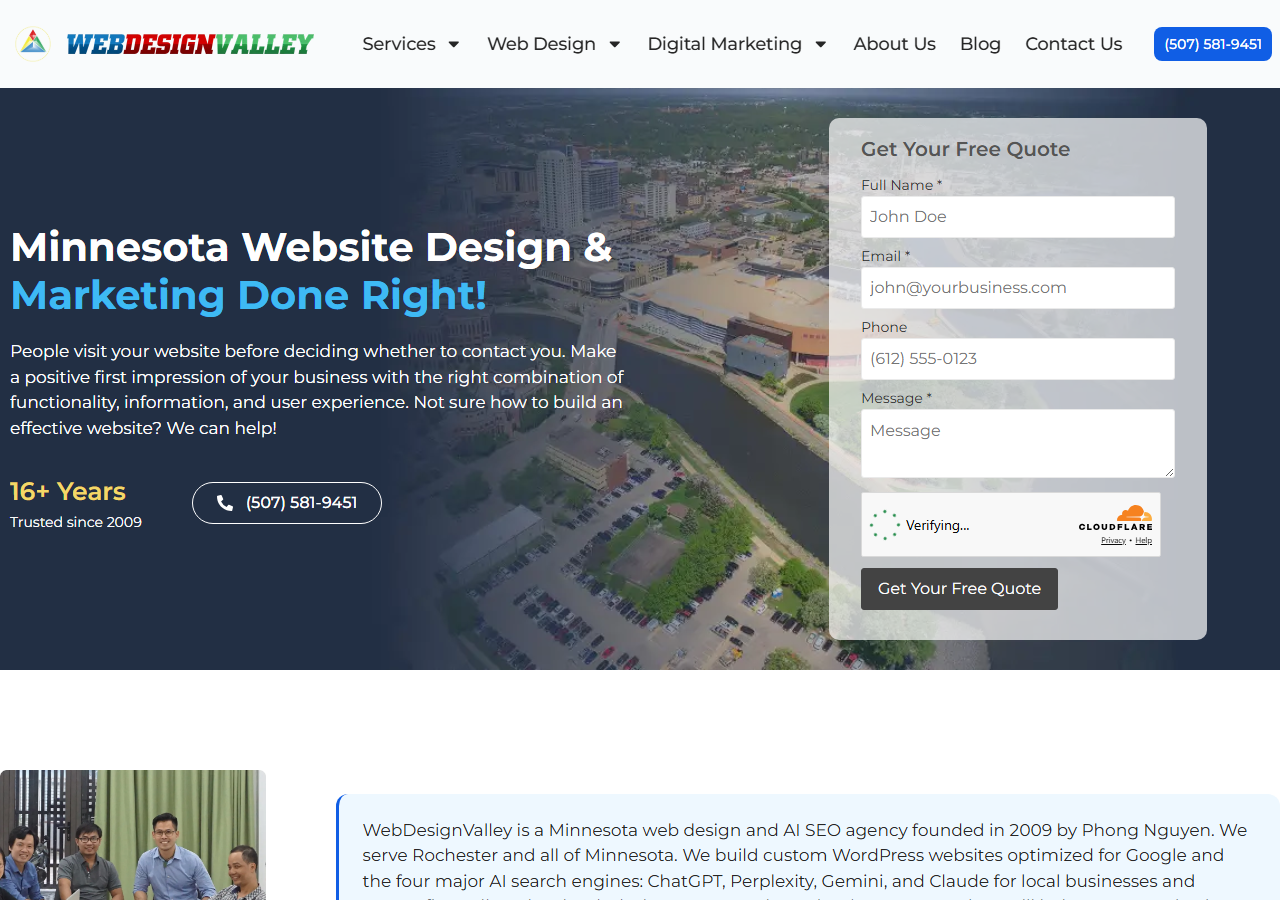 Web Design Valley homepage screenshot, a web design and AI SEO agency based in Rochester, Minnesota