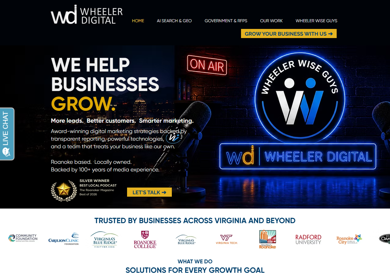 Wheeler Digital homepage screenshot, a local SEO and digital advertising agency in the Roanoke, Virginia metro